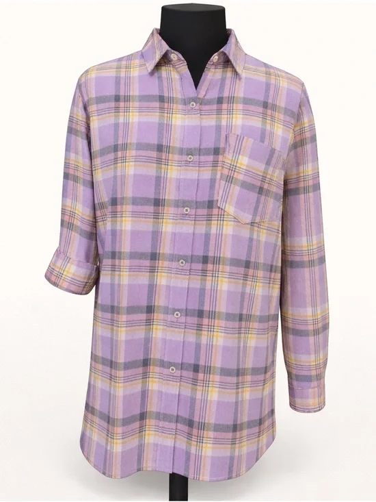 Vine & Love Purple Plaid Button Down Shirt Roll Tab Sleeve M - Picture 2 of 5